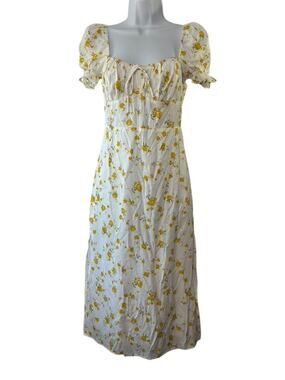 Sweet Pot White & Yellow Floral Midi Cottage Core Puff Sleeve Dress Size 2